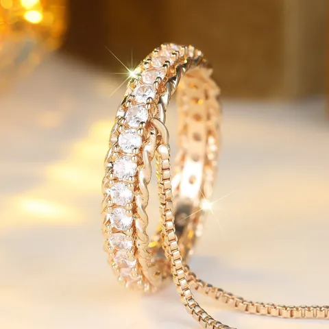 Luxus Kupfer Vergoldet Weiß Zirkonia Eternity Ring Mit Quaste Box Kette Gedrehte Kante Eleganter Schmuck Für Damen