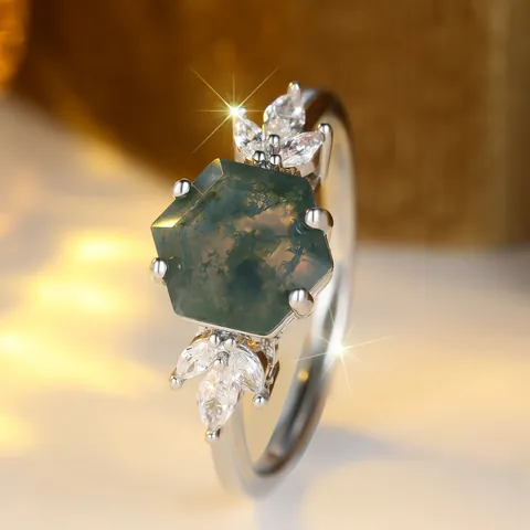 Vintage Hexagon Moosachat Ring Für Damen Marquise Zirkonia Blatt Kupfer Fingerring Wald Stil Schmuck Geschenk