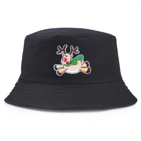 Christmas Reindeer Embroidery Bucket Hat Pure Cotton Outdoor Sun Hat For Women Men Holiday Party Casual Fishermans Hat