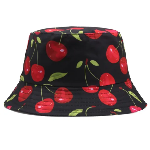 Cappello da Pescatore Donna a Doppio Lato Stampa Frutta Ciliegia in Cotone Tela Pieghevole Protezione Solare Estate Spiaggia