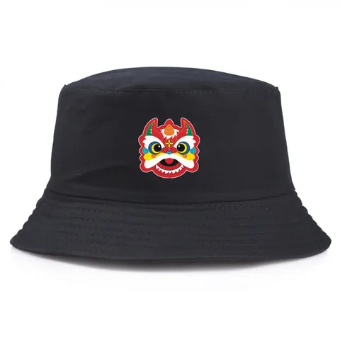 Chinese Style Lion Dance Print Cotton Bucket Hat Sun Protection Outdoor Casual Fisherman Hat For Men Women