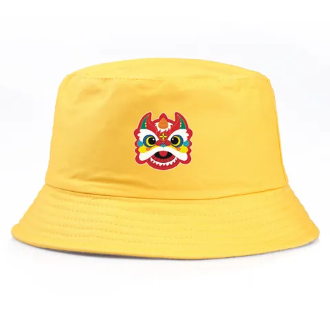 Chinese Style Lion Dance Print Cotton Bucket Hat Sun Protection Outdoor Casual Fisherman Hat For Men Women