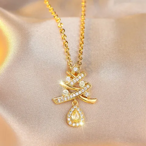 Copper Zirconia Christmas Tree Snowflake Santa Claus Pendant Necklace Gold Silver Plated Festive Jewelry For Women Girls
