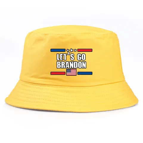 Cotton Bucket Hat With US Flag Stars Stripes Print Let's Go Brandon Slogan Casual Sun Protection Flat Top Fisherman Hat