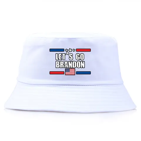 Cotton Bucket Hat With US Flag Stars Stripes Print Let's Go Brandon Slogan Casual Sun Protection Flat Top Fisherman Hat