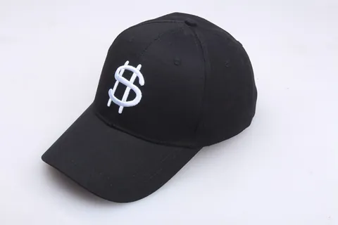 Berretto da Baseball Hip Hop Unisex in Cotone Ricamo Segno del Dollaro Bianco Cappello da Sole Regolabile Streetwear Nero
