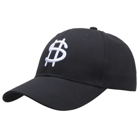 Berretto da Baseball Hip Hop Unisex in Cotone Ricamo Segno del Dollaro Bianco Cappello da Sole Regolabile Streetwear Nero