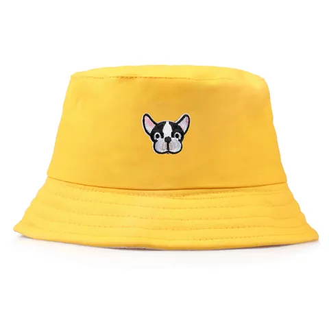 Cute Embroidered French Bulldog Bucket Hat Cotton Canvas Outdoor Sunshade Travel Beach Basin Hat For Men Women Unisex Adult