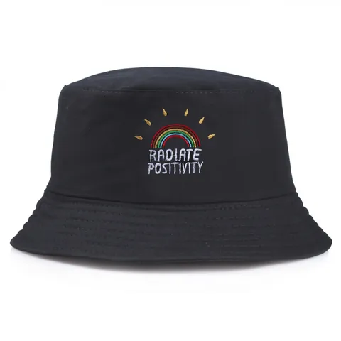 Rainbow Embroidery Bucket Hat With Radiate Positivity Letter Cotton Foldable Sun Protection Outdoor Beach Hat For Women Men