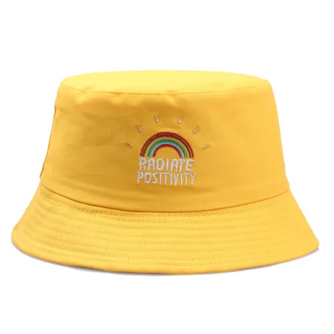 Rainbow Embroidery Bucket Hat With Radiate Positivity Letter Cotton Foldable Sun Protection Outdoor Beach Hat For Women Men