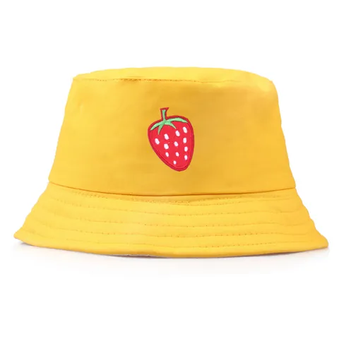 Cappello da Pescatore Minimalista Giapponese in Cotone Ricamo Fragola Pieghevole Casual All'aperto Protezione Solare Donna Uomo