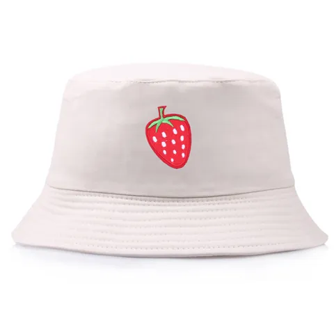 Cappello da Pescatore Minimalista Giapponese in Cotone Ricamo Fragola Pieghevole Casual All'aperto Protezione Solare Donna Uomo