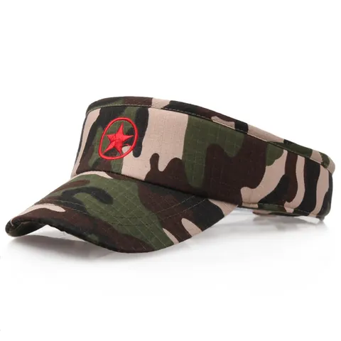 Kids Camouflage Sun Visor Hat With Red Star Embroidery Military Style Open Top Polyester Cotton Adjustable Cap For Boys Girls