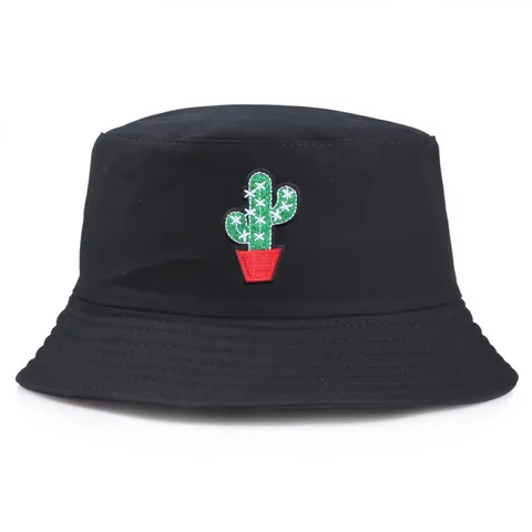 Cactus Embroidery Cotton Canvas Bucket Hat For Women Men Sunshade Summer Outdoor Casual Minimalist Foldable Fisherman Cap