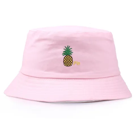 Women Reversible Cotton Pineapple Embroidery Bucket Hat Summer Casual Sunshade Fisherman Hat Pin Letter Fruit Pattern Outdoor Travel Cap