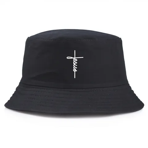 Jesus Cross Letter Printed Cotton Bucket Hat For Men Women Casual Outdoor Sun Protection Flat Top Summer Trendy Fisherman Cap