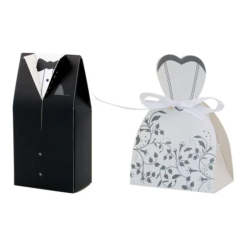 European Creative Wedding Candy Box Groom Tuxedo Bride Wedding Gown Cardboard Favor Box With Ribbon For Party Gift Packaging
