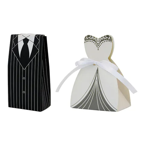 European Creative Wedding Candy Box Groom Tuxedo Bride Wedding Gown Cardboard Favor Box With Ribbon For Party Gift Packaging