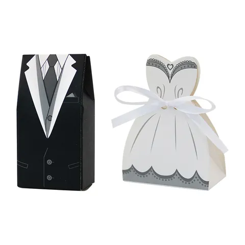European Style Creative Wedding Candy Boxes Tuxedo And Wedding Dress Cardboard Gift Box For Wedding Party Favor Black White Candy Packaging Box With Ribbon