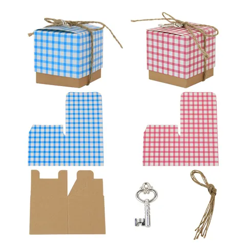 Vintage Kraft Paper Candy Boxes With Plaid Lid Jute Twine And Alloy Key Charm Square Wedding Favor Gift Boxes For Party
