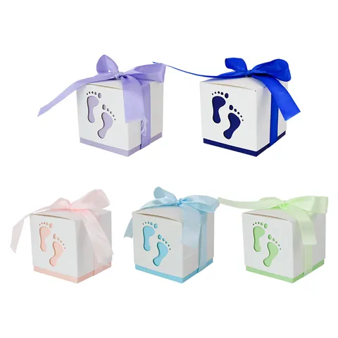 Opengewerkte Babyvoetafdruk Snoepdozen Met Satijnen Lint Voor Baby Shower Party Gunsten Europese Stijl Vierkante Papieren Geschenkdozen