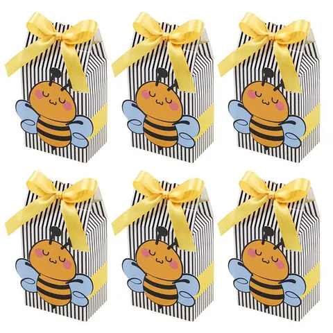 Boîte À Bonbons Rayée Thème Abeille Avec Nœud En Satin Jaune Sac Cadeau Pour Anniversaire Fête Mariage Boîte D'emballage En Papier
