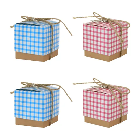 Vintage Kraft Paper Candy Boxes With Plaid Lid Jute Twine And Alloy Key Charm Square Wedding Favor Gift Boxes For Party