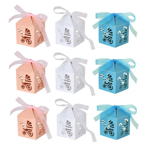 Lasergeschnittene Kinderwagen Süßigkeitenboxen Europäische Perlmuttpapier Geschenkbox Mit Band Für Babyparty Hochzeit Party