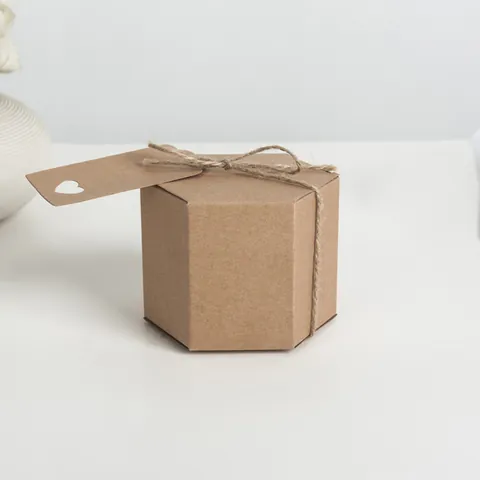 Hexagon Kraft Paper Candy Gift Box Natural Brown With Jute Twine And Heart Tags Wedding Party Favor Boxes Vintage Packaging