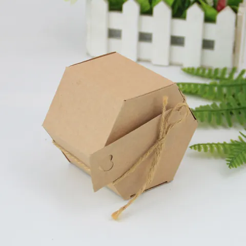 Hexagon Kraft Paper Candy Gift Box Natural Brown With Jute Twine And Heart Tags Wedding Party Favor Boxes Vintage Packaging