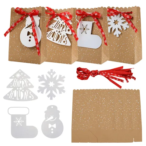 European Christmas Kraft Paper Gift Bags With Snow Dots Red Ribbon Holiday Cards For Party Candy Food Gift Packaging