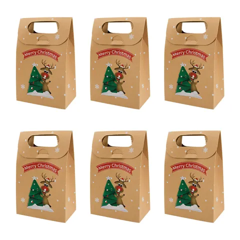 Christmas Kraft Paper Gift Boxes With Handle Santa Reindeer Snowman Pattern For Festive Holiday Party Favors Candy Treat