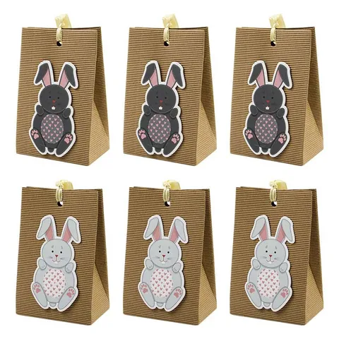 Easter Bunny Kraft Paper Gift Bags With Ribbon Handle Corrugated Cardboard Candy Bags For Easter Party Favors Decor Small Packaging Bags