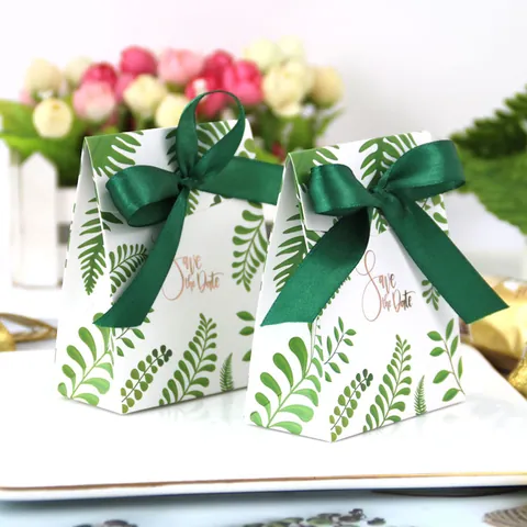 Scatola di Caramelle per Matrimonio Europea Creativa Carta Ciano Motivo Floreale Felce Save The Date Con Fiocco in Raso