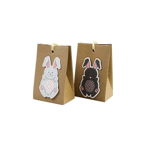 Easter Bunny Kraft Paper Gift Bags With Ribbon Handle Corrugated Cardboard Candy Bags For Easter Party Favors Decor Small Packaging Bags