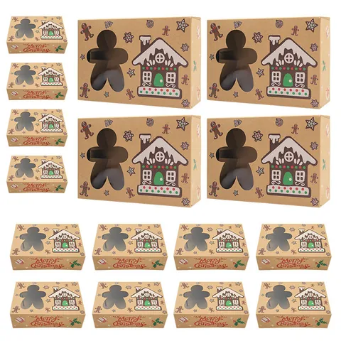 Festive Christmas Kraft Paper Gift Boxes With Clear PVC Window For Cookies Candy Party Favors Gingerbread Snowman Patterns