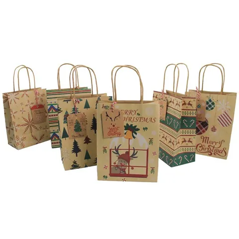 Bolsa de Regalo de Navidad de Papel Kraft Con Asas Patrón de Copo de Nieve Reno Bolsas de Embalaje Festivas para Regalos de Fiesta