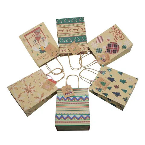Bolsa de Regalo de Navidad de Papel Kraft Con Asas Patrón de Copo de Nieve Reno Bolsas de Embalaje Festivas para Regalos de Fiesta