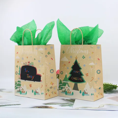 DIY Christmas Scratch Art Kraft Paper Gift Bags With Handles And Tissue Paper Santa Reindeer Holiday Party Wrapping Bags