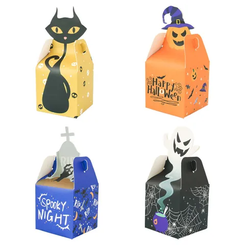 Halloween Draagbare Papieren Snoep Cadeaudoos Opvouwbare Handtas Met Pompoen Geest Zwarte Kat Patroon Voor Feestjes