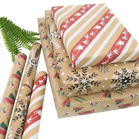 Carta da Regalo Natalizia Kraft Vintage Con Linee a Griglia Motivo Babbo Natale Slitta Fiocco di Neve Camion Rosso Per Confezioni Regalo Festive Fai da Te