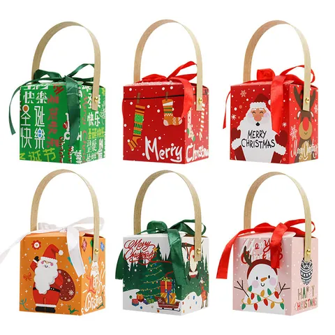 Christmas Apple Gift Box Wood Texture Handle Satin Ribbon Bow Candy Packaging Merry Christmas Paper Gift Box Party Supplies