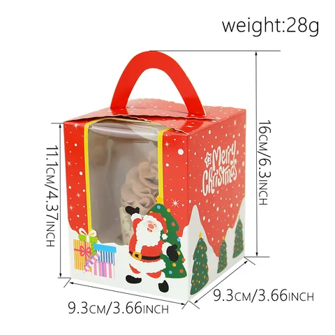 Christmas Cupcake Packaging With Window And Handle Red Muffin Container White Cardboard For Holiday Party Dessert