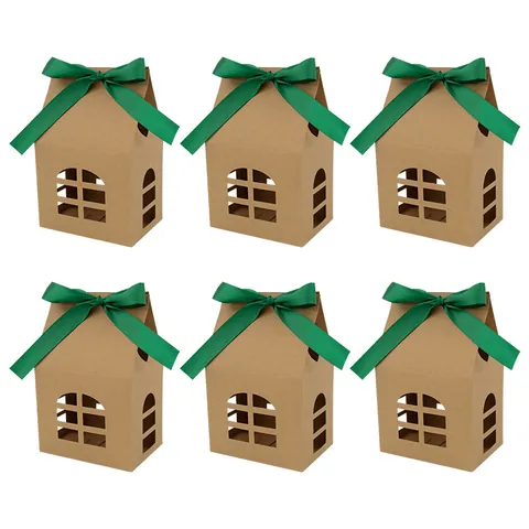Hollow House Shape Kraft Paper Gift Box With Satin Ribbon For Christmas Wedding Candy Cookie Party Favors Packaging Box
