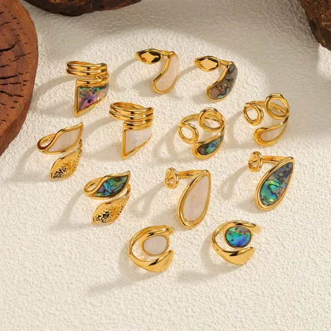 Vintage Edelstahl 18K Vergoldet Muschel Ring Für Damen Geometrisch Abalone Perlmutt Offener Verstellbarer Ring Schmuck
