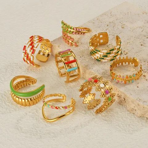 Böhmische Edelstahl Bunte Emaille Offene Ringe Für Damen Vintage Vergoldet Geometrische Tropföl Fingerring Verstellbar Böser Blick Schmuck