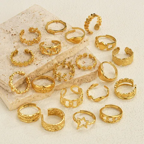 Vintage Vergoldete Edelstahl Offene Ringe Für Damen Minimalistisch Verstellbar Geometrisches Herz Stern Fingerring Modeschmuck Zubehör