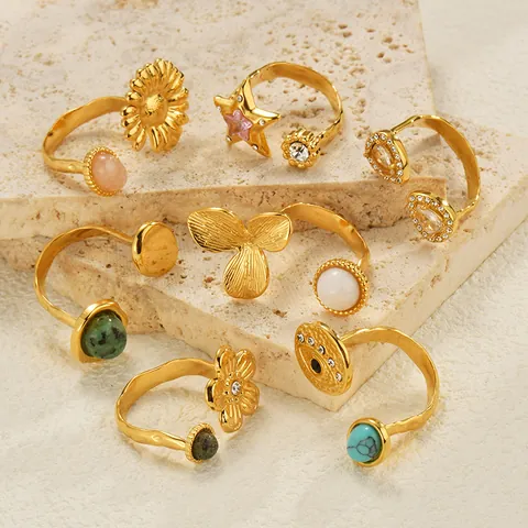 Vintage Edelstahl 18K Vergoldeter Offener Ring Für Damen Bohemian Naturstein Zirkonia Blumen Stern Verstellbarer Ring