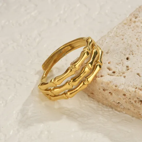 Edelstahl Verstellbarer Ring Für Damen 14K Vergoldet Bambus Blume Stern Blatt Geometrisch Punk Gothic Finger Schmuck Geschenk