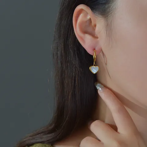 Vintage Edelstahl Herz Anhänger Halskette Ohrringe Set Vergoldet Perlmutt Schmuck Für Damen Party Geschenk